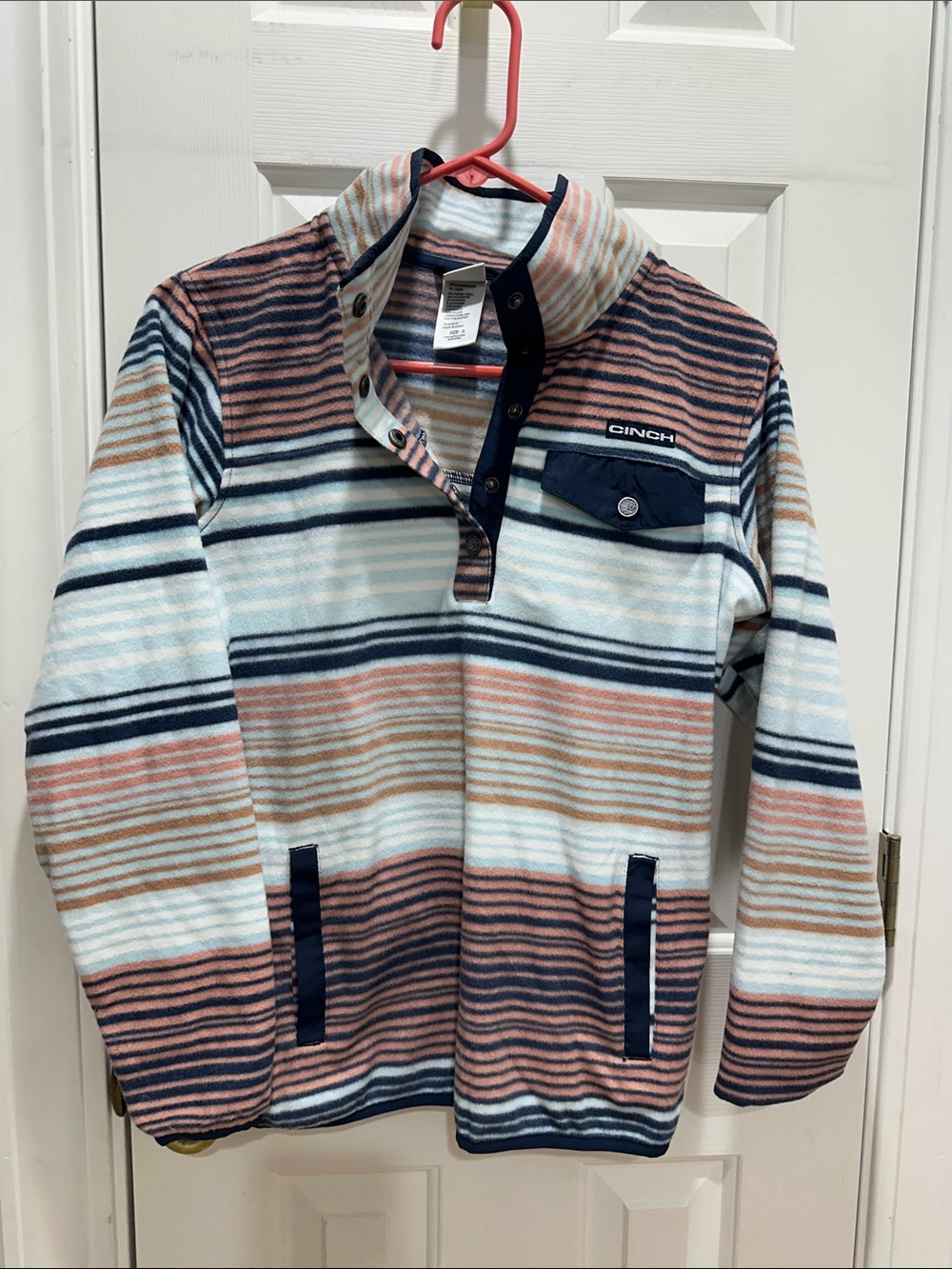 Cinch Striped Snap Pullover - Navy, White & Peach